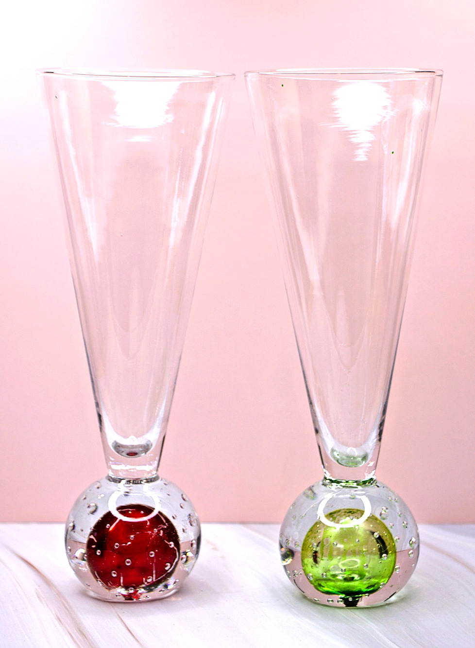 Art Glass Champagne Flutes Red & Green Orb Base Modern Handblown Stemware Pair